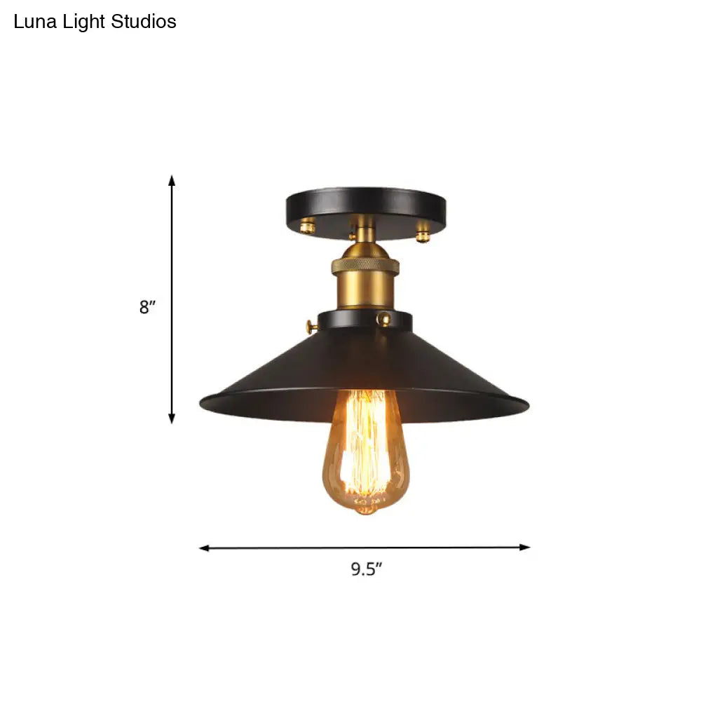 9.5’-10’ Dia Flat Shade Ceiling Mounted Light: Industrial Metallic Single Head Flush Light In Black