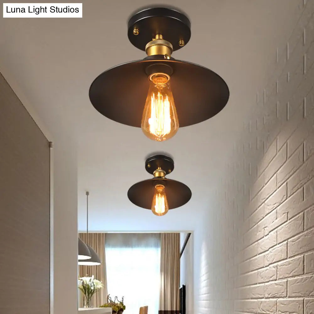 9.5-10 Dia Flat Shade Ceiling Mounted Light: Industrial Metallic Single Head Flush Light In Black /