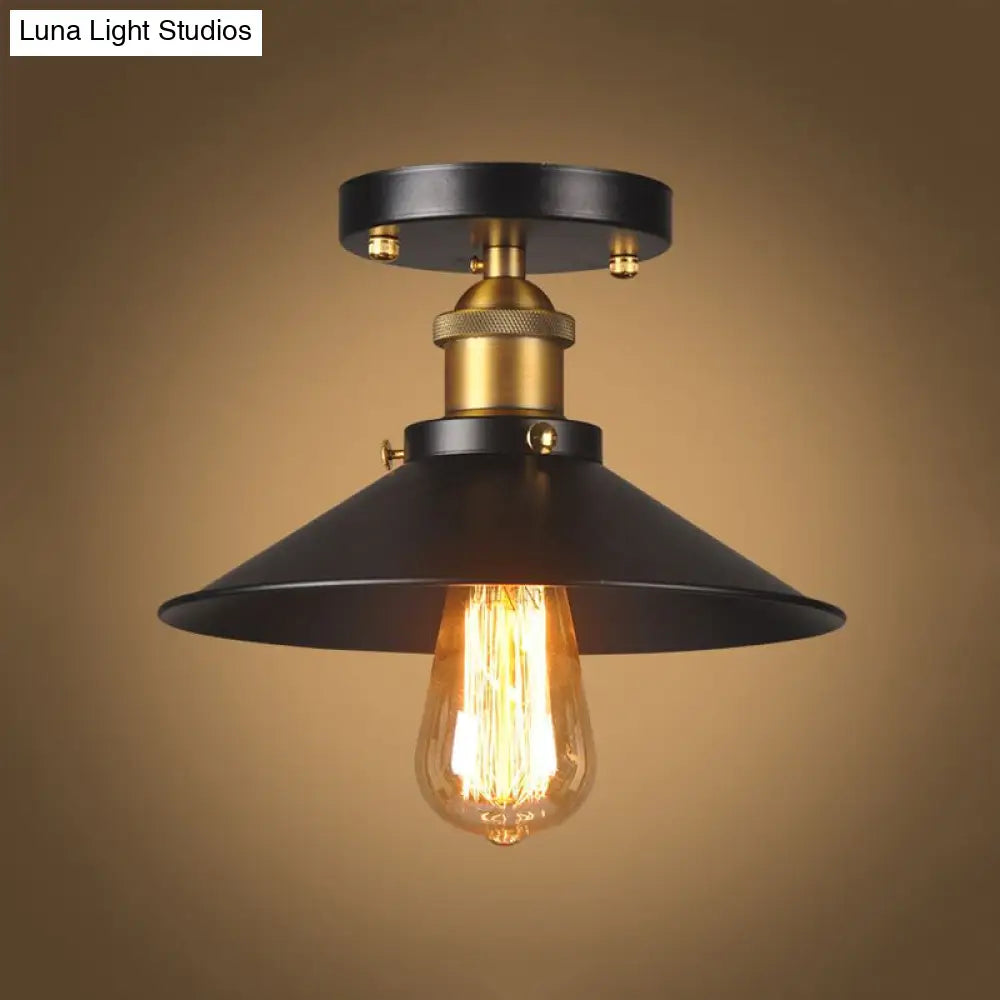 9.5-10 Dia Flat Shade Ceiling Mounted Light: Industrial Metallic Single Head Flush Light In Black