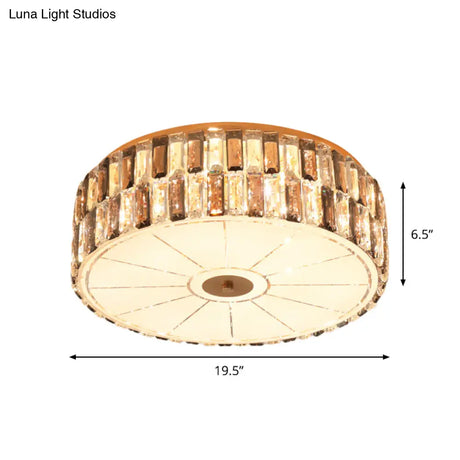 9 - Bulb Gold Drum Bedroom Flush Mount Lamp With K9 Crystal And Glass Diffuser