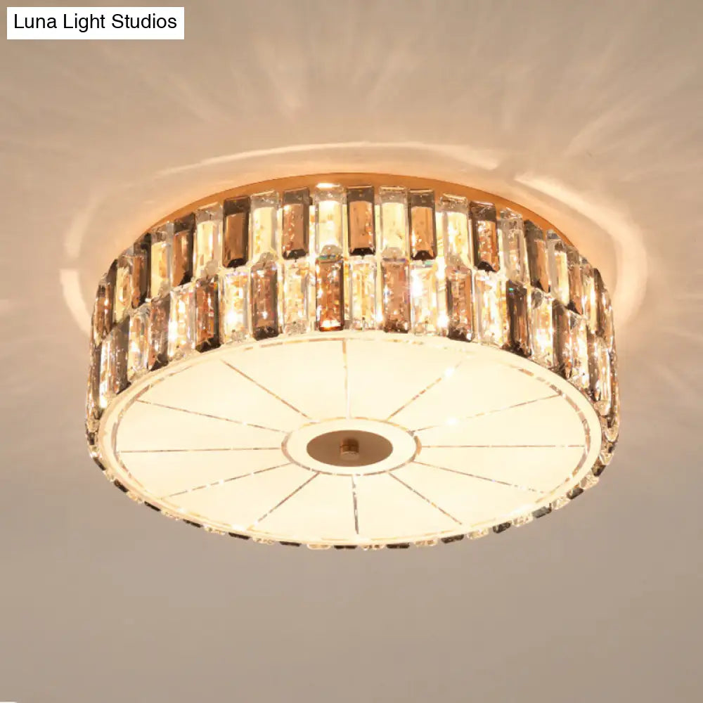 9-Bulb Gold Drum Bedroom Flush Mount Lamp With K9 Crystal And Glass Diffuser