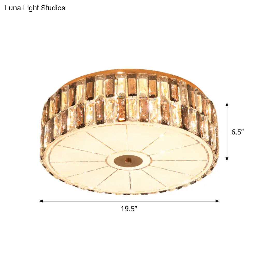 9 - Bulb Gold Drum Bedroom Flush Mount Lamp With K9 Crystal And Glass Diffuser
