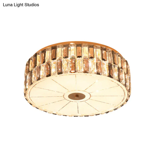 9 - Bulb Gold Drum Bedroom Flush Mount Lamp With K9 Crystal And Glass Diffuser