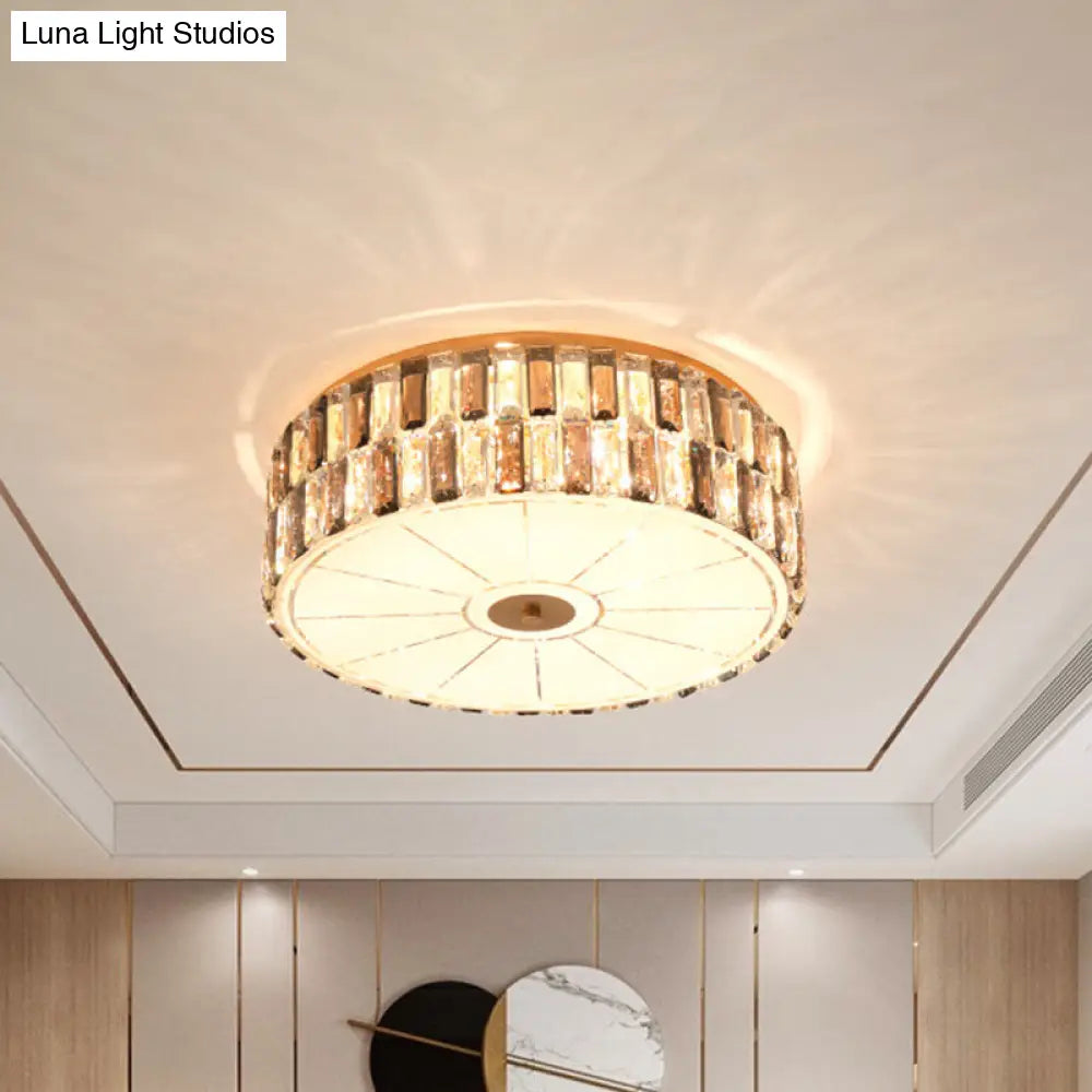 9-Bulb Gold Drum Bedroom Flush Mount Lamp With K9 Crystal And Glass Diffuser