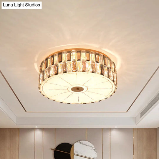 9-Bulb Gold Drum Bedroom Flush Mount Lamp With K9 Crystal And Glass Diffuser