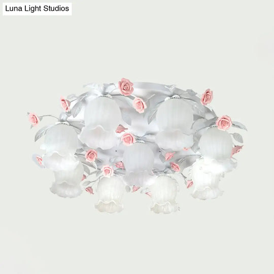 9-Head White Glass Rose Ceiling Light - Countryside Flush Mount For Living Room
