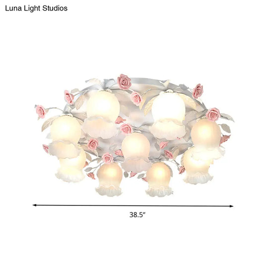 9 - Head White Glass Rose Ceiling Light - Countryside Flush Mount For Living Room