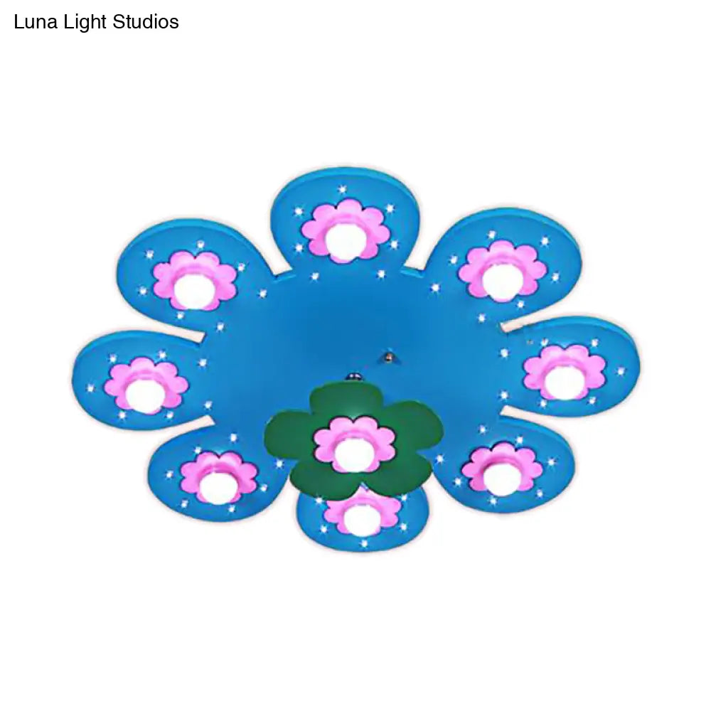 9-Light Flower Flush Mount Kids Wood Ceiling Lamp For Nursing Room And Girl’s Bedroom
