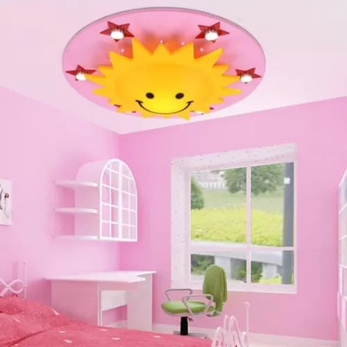 Smiling Sun Flush Ceiling Light In Yellow For Game Room - Cartoon Design Wood Finish