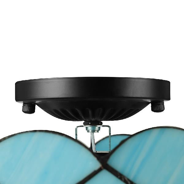 Blue Tiffany Style Ceiling Light For Bedroom - 2 - Light Floral Semi Flush Mount With Jewel