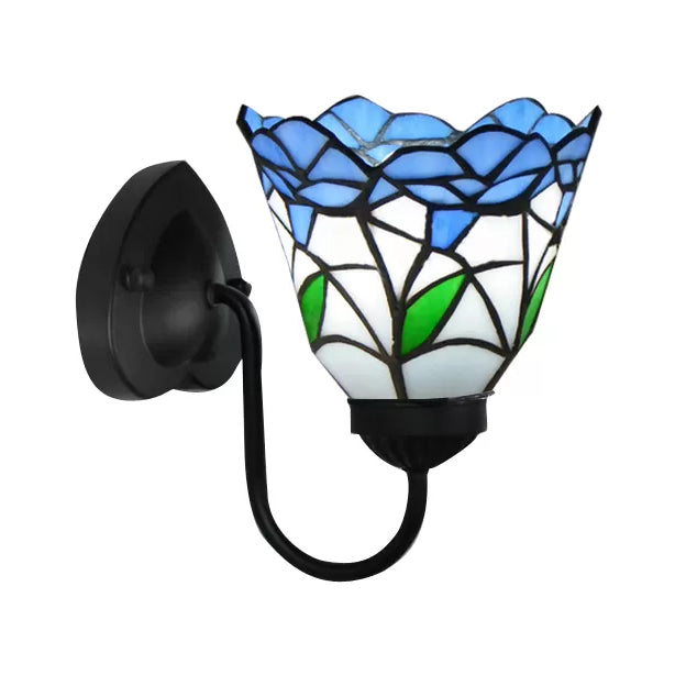 Stained Glass Flower Wall Sconce Light Fixture - Tiffany Style 1 Head White/Black/Sky Blue Living