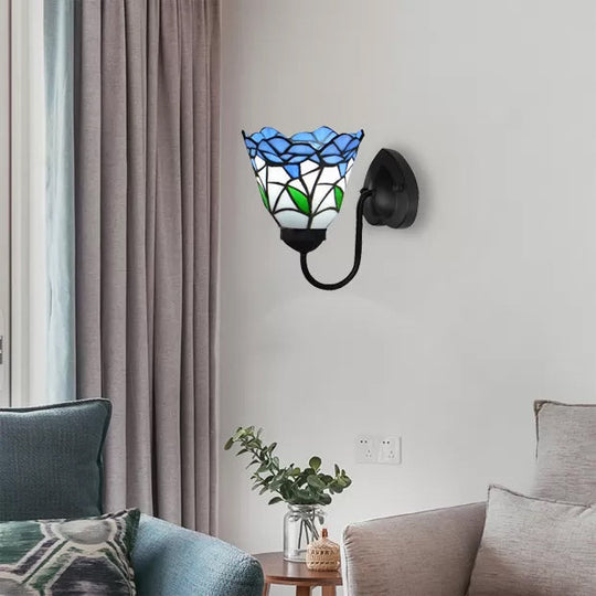 Stained Glass Flower Wall Sconce Light Fixture - Tiffany Style 1 Head White/Black/Sky Blue Living