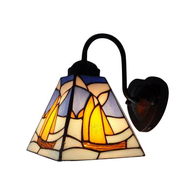 Mediterranean Blue Glass Sailboat Sconce: 1-Head Black Wall Mount Light Fixture