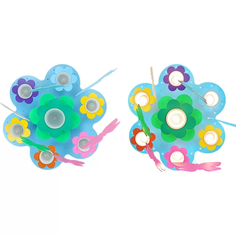 Blue Blossom Ceiling Mount Light With Hanging Butterfly: 7-Head Wood Lamp For Child Bedroom