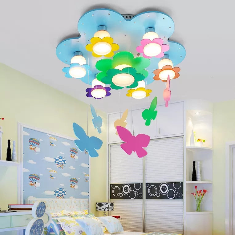 Blue Blossom Ceiling Mount Light With Hanging Butterfly: 7 - Head Wood Lamp For Child Bedroom