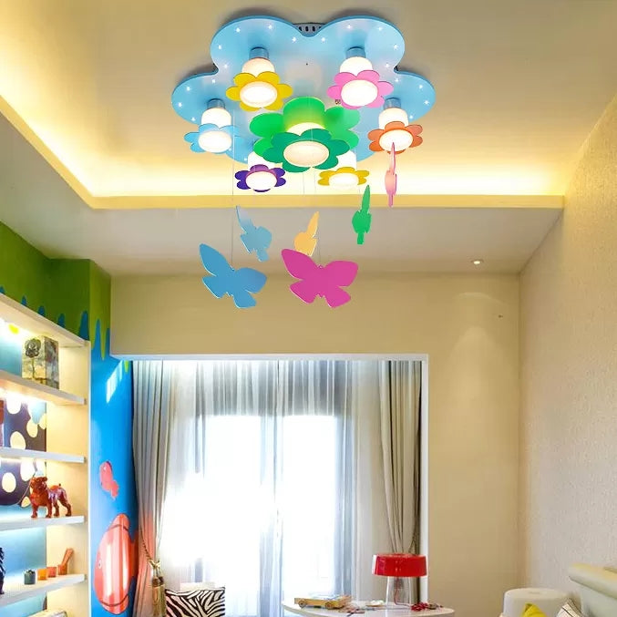 Blue Blossom Ceiling Mount Light With Hanging Butterfly: 7-Head Wood Lamp For Child Bedroom