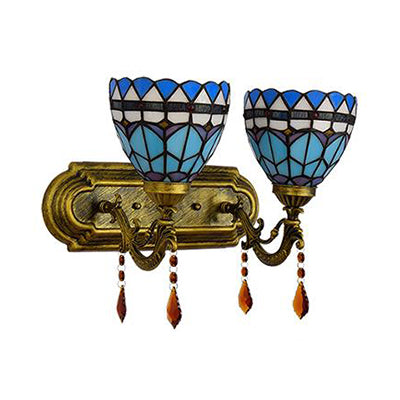Blue Stained Glass Baroque Sconce Light With Bowl Shade - 2-Light Wall Lighting
