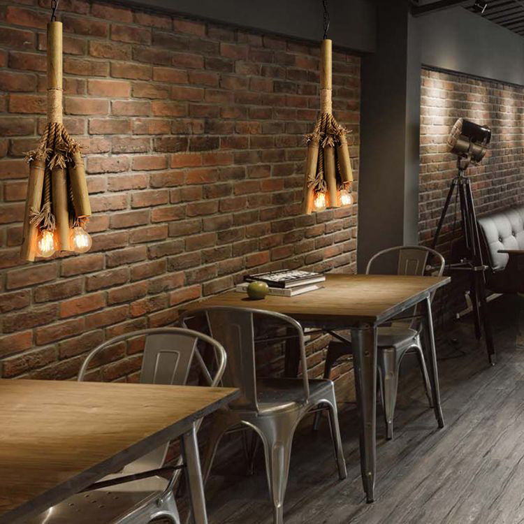 Open Bulb Chandelier Light For Restaurants - Bamboo Lodge Style Hanging Lamp With 3 Lights