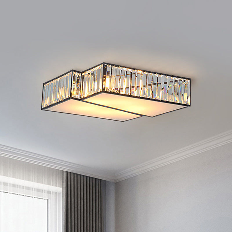 Black Crystal Rectangle Flushmount Ceiling Light Fixture - Contemporary With 4 Geometric Bulbs