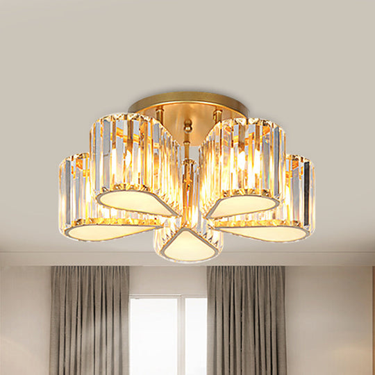 Gold Carved Crystal Semi - Flush Ceiling Lamp With Oval/Teardrop Design And 5 Lights
