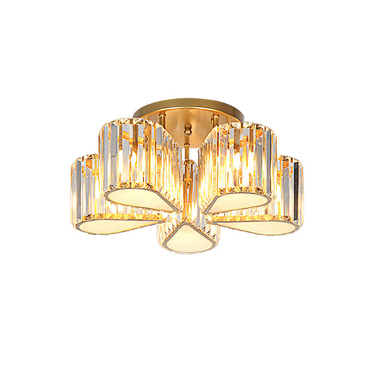 Gold Carved Crystal Semi - Flush Ceiling Lamp With Oval/Teardrop Design And 5 Lights