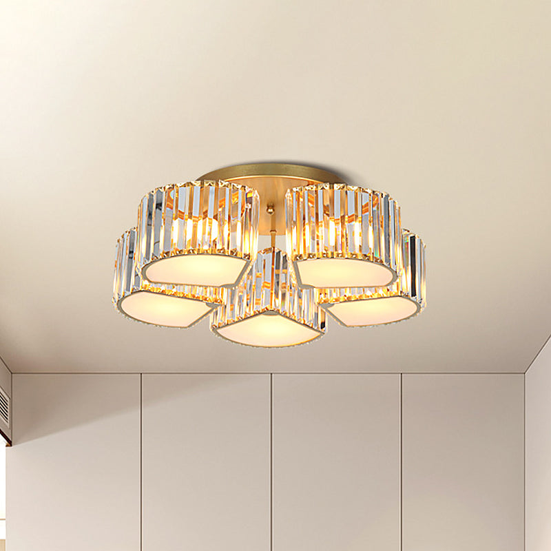 Modern Crystal Semi Flush Ceiling Light Fixture With Shell/Square Shade - 5/7 - Head Design In Gold