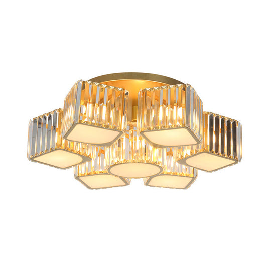 Modern Crystal Semi Flush Ceiling Light Fixture With Shell/Square Shade - 5/7 - Head Design In Gold