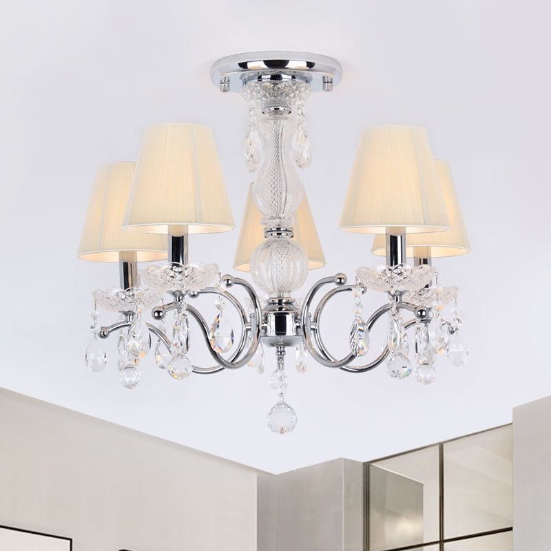Modern Cone Semi Flush Crystal Ceiling Light Fixture With Swirled Arm - 5 - Head Nickle Design
