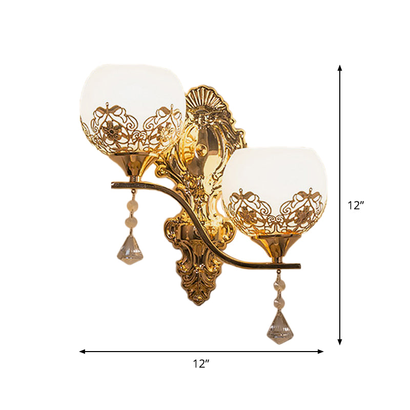 Modern Dome Wall Sconce With Swirled Arm - Crystal Accent Lighting Gold Finish 2 Lights