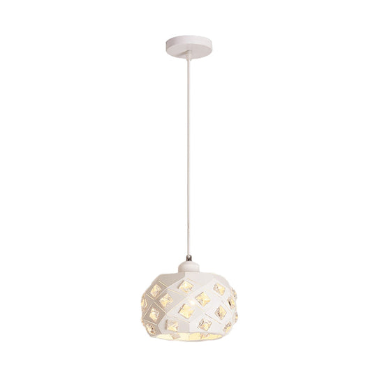 Minimalist Crystal Hanging Lamp - Single Pendulum Light With White Finish & Drum Iron Shade