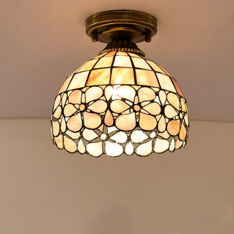 Tiffany Beige/Pink/Orange Shell Mini Flush Light Fixture - Natural Decorative Ceiling Lamp