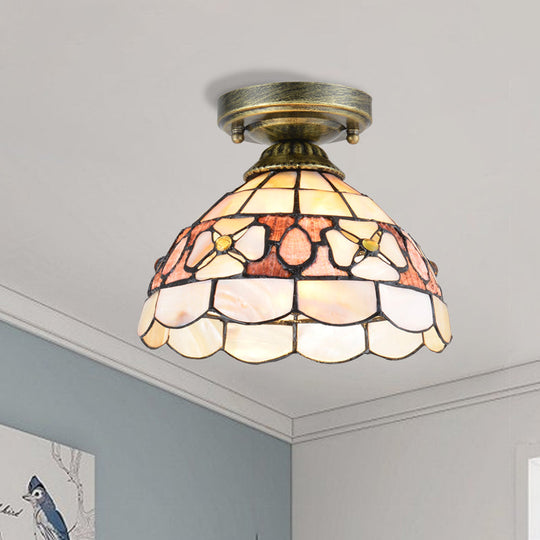 Tiffany Beige/Pink/Orange Shell Mini Flush Light Fixture - Natural Decorative Ceiling Lamp
