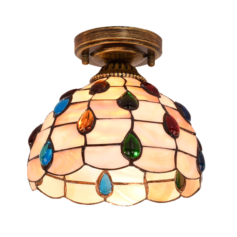 Tiffany Single - Bulb Shell Bowl Ceiling Lamp - Handmade Blue/Light Blue/Beige Flush Mount With Gem