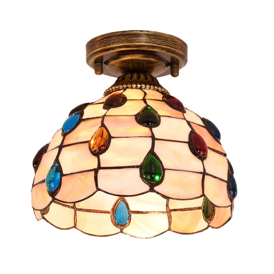 Tiffany Single - Bulb Shell Bowl Ceiling Lamp - Handmade Blue/Light Blue/Beige Flush Mount With Gem