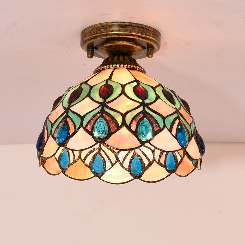 Tiffany Single - Bulb Shell Bowl Ceiling Lamp - Handmade Blue/Light Blue/Beige Flush Mount With Gem