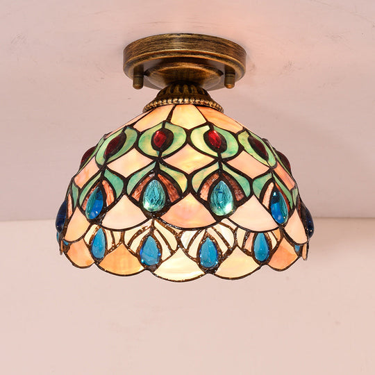 Tiffany Single-Bulb Shell Bowl Ceiling Lamp - Handmade Blue/Light Blue/Beige Flush Mount With