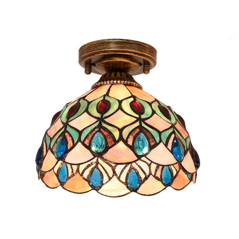 Tiffany Single-Bulb Shell Bowl Ceiling Lamp - Handmade Blue/Light Blue/Beige Flush Mount With