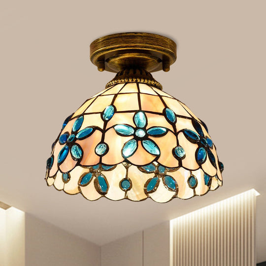 Tiffany Single-Bulb Shell Bowl Ceiling Lamp - Handmade Blue/Light Blue/Beige Flush Mount With