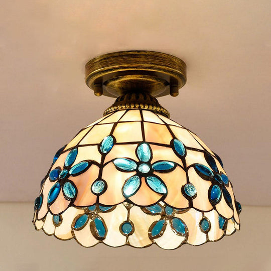 Tiffany Single-Bulb Shell Bowl Ceiling Lamp - Handmade Blue/Light Blue/Beige Flush Mount With