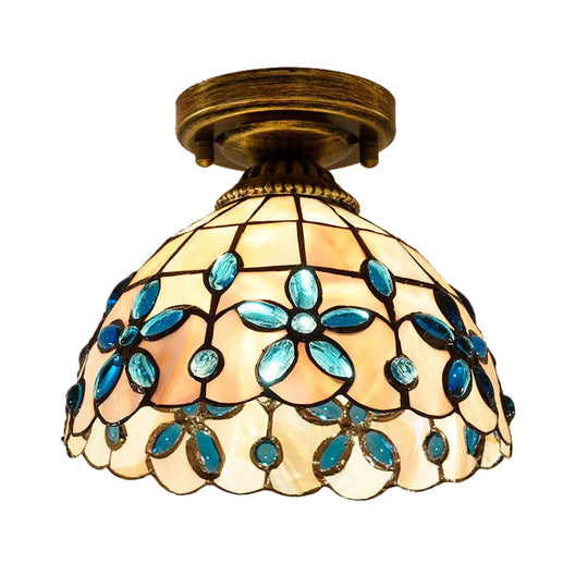 Tiffany Single - Bulb Shell Bowl Ceiling Lamp - Handmade Blue/Light Blue/Beige Flush Mount With Gem