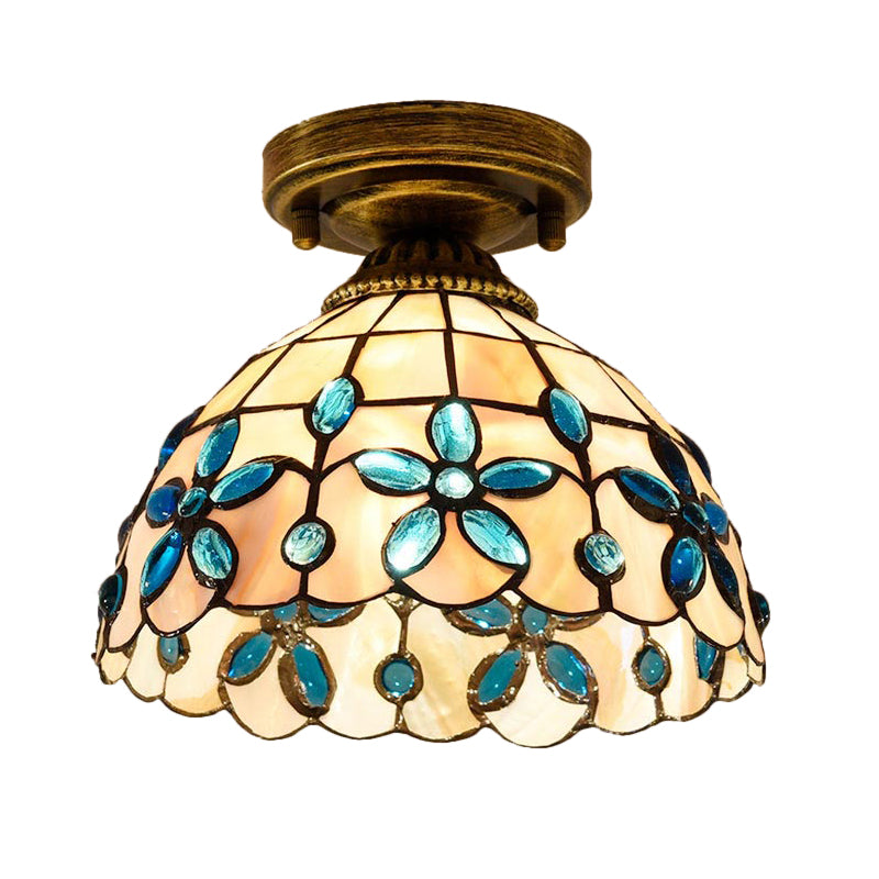 Tiffany Single-Bulb Shell Bowl Ceiling Lamp - Handmade Blue/Light Blue/Beige Flush Mount With