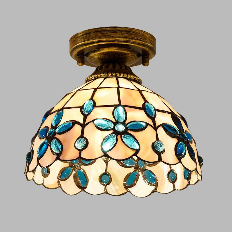 Tiffany Single - Bulb Shell Bowl Ceiling Lamp - Handmade Blue/Light Blue/Beige Flush Mount With Gem
