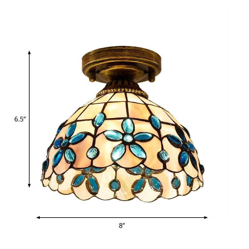 Tiffany Single-Bulb Shell Bowl Ceiling Lamp - Handmade Blue/Light Blue/Beige Flush Mount With