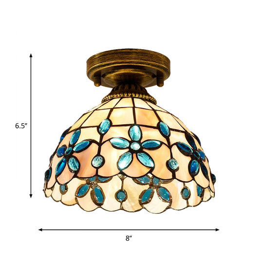 Tiffany Single-Bulb Shell Bowl Ceiling Lamp - Handmade Blue/Light Blue/Beige Flush Mount With