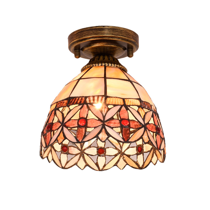 Tiffany Floral Bell Ceiling Light Fixture In Beige/Red-White/Pink For Living Room