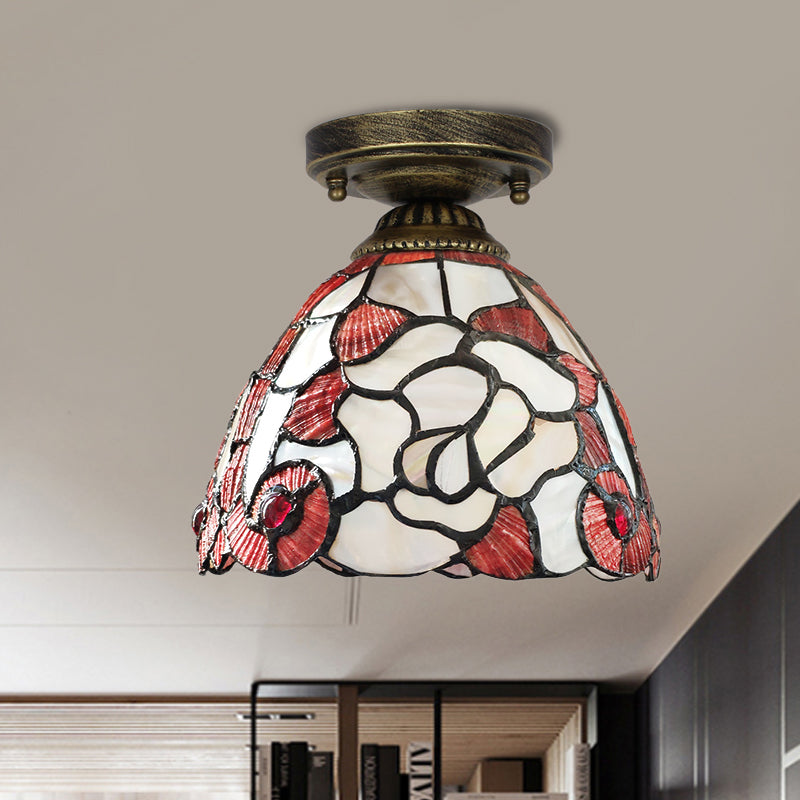 Tiffany Floral Bell Ceiling Light Fixture In Beige/Red-White/Pink For Living Room Red-White