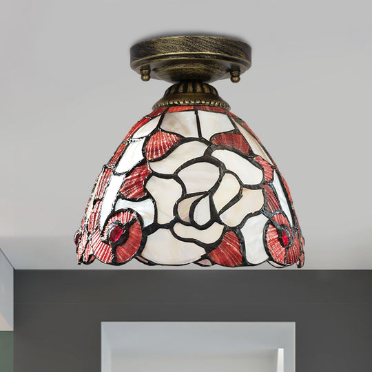 Tiffany Floral Bell Ceiling Light Fixture In Beige/Red - White/Pink For Living Room