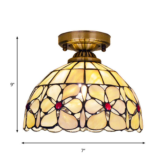 Brass Flushmount Lamp With Tiffany Flower Patterned Bowl Shell - Ceiling Light Fixture