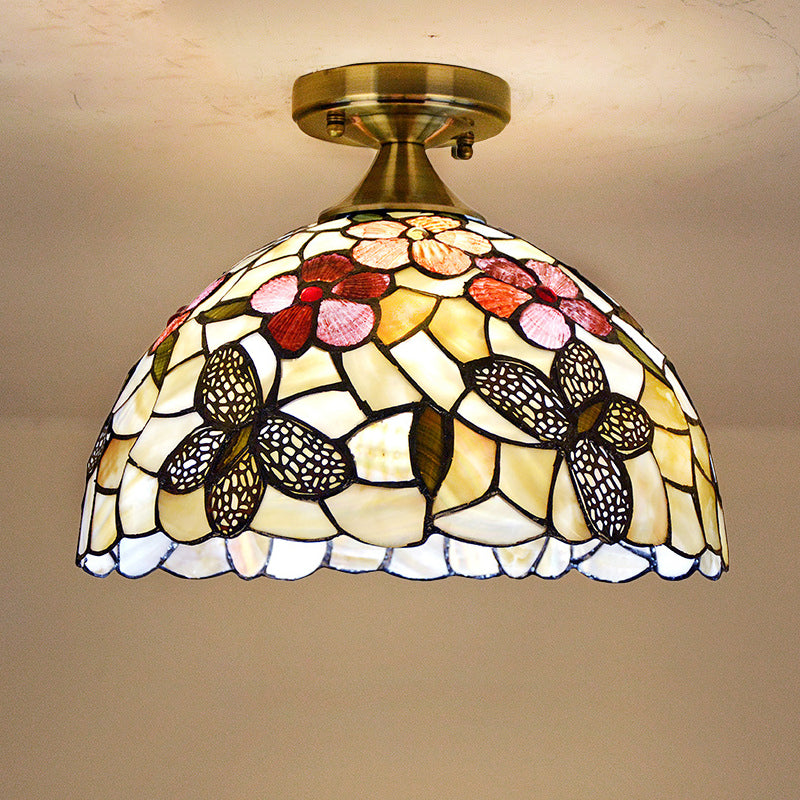 Tiffany Brass Flush Mount Kitchen Ceiling Light With Flower-Butterfly Shell Shade