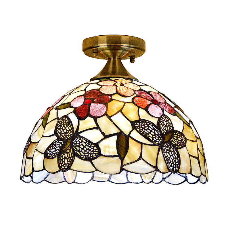 Tiffany Brass Flush Mount Kitchen Ceiling Light With Flower-Butterfly Shell Shade
